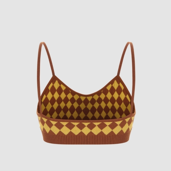 Cider~Houndstooth Checkered Crop Top Retro 90's Inspired Mustard Yellow Brown - Picture 3 of 15